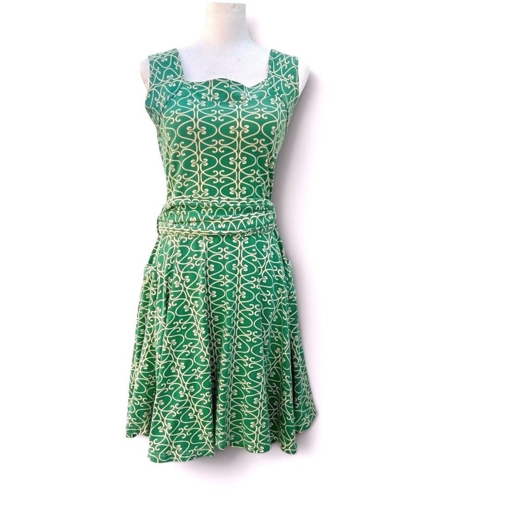 Effie's Heart Green Scroll Print Fit Flare Dress Pockets Square Neck Medium